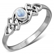 Rainbow Moonstone Cab Celtic Knot Silver Ring, r587